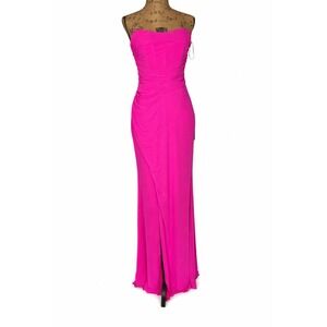 Lulus Hot Pink Strapless Ruched Maxi Dress Slit NWT Size L Formal Party